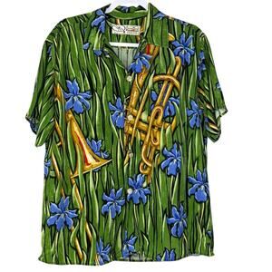 Men’s New Orleans Jazz Fest Bayou Wear Shirt Hawaiian Iris Flower Brass USA Sz L